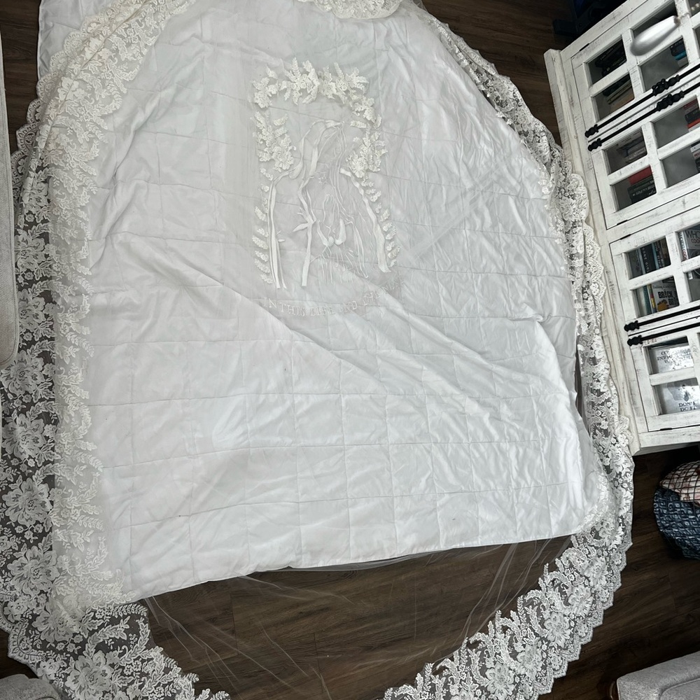 Hand Embroidered Cathedral Veil with French Lace trim and appliqué